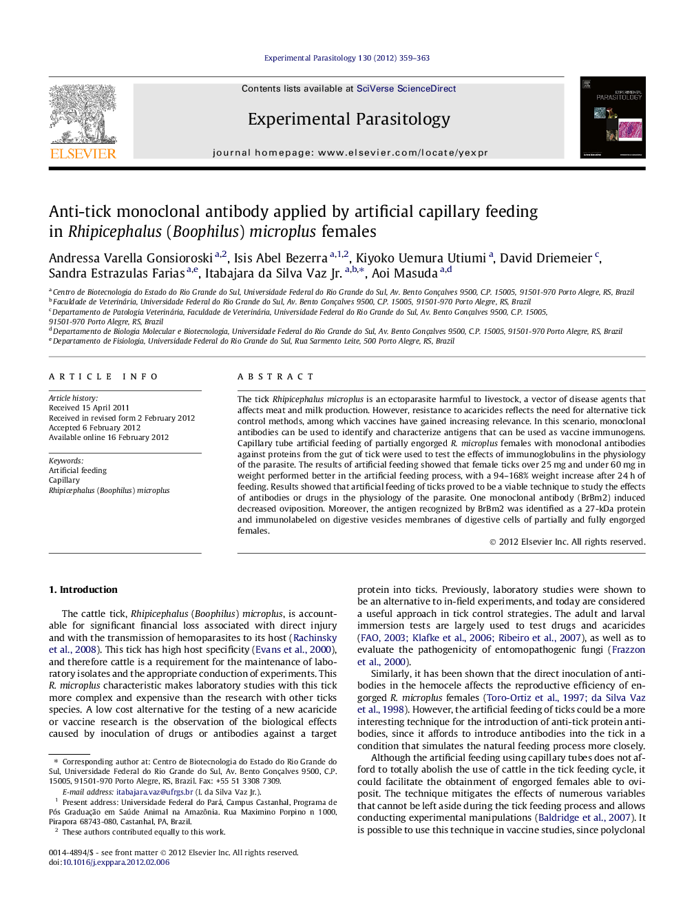 Anti-tick monoclonal antibody applied by artificial capillary feeding in Rhipicephalus (Boophilus) microplus females