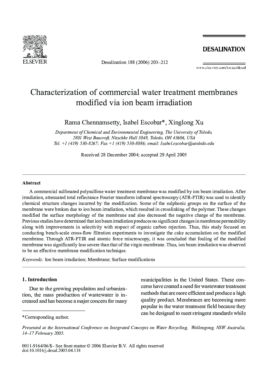 Characterization of commercial water treatment membranes modified via ion beam irradiation