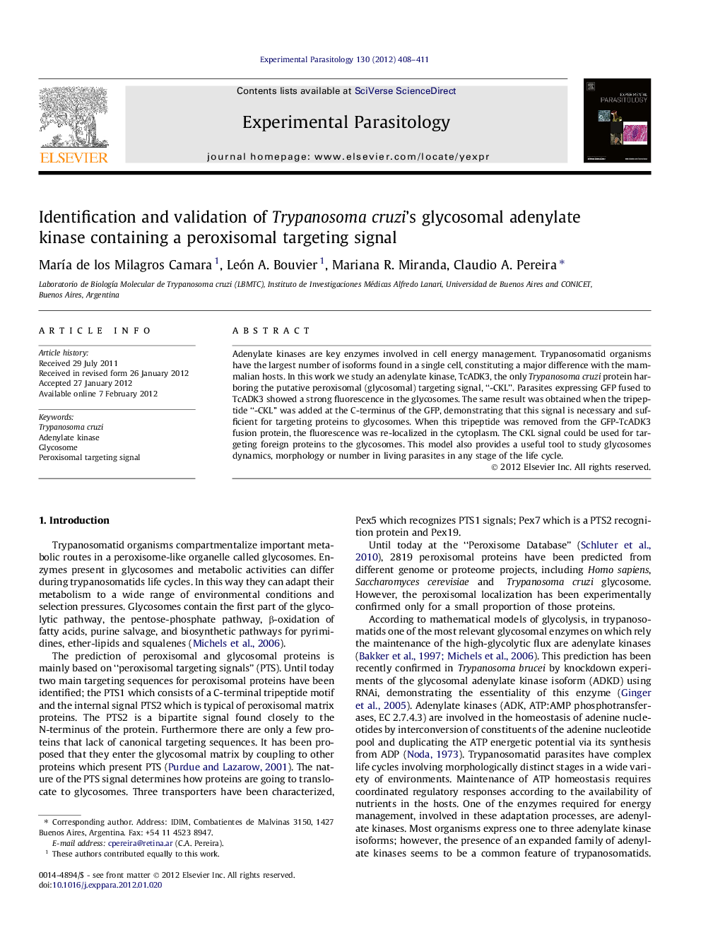 Identification and validation of Trypanosoma cruzi's glycosomal adenylate kinase containing a peroxisomal targeting signal
