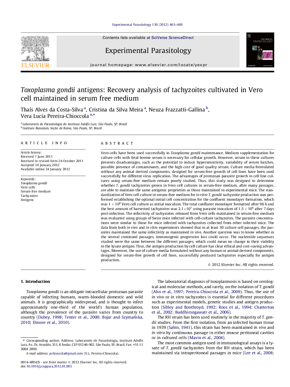 Toxoplasma gondii antigens: Recovery analysis of tachyzoites cultivated in Vero cell maintained in serum free medium