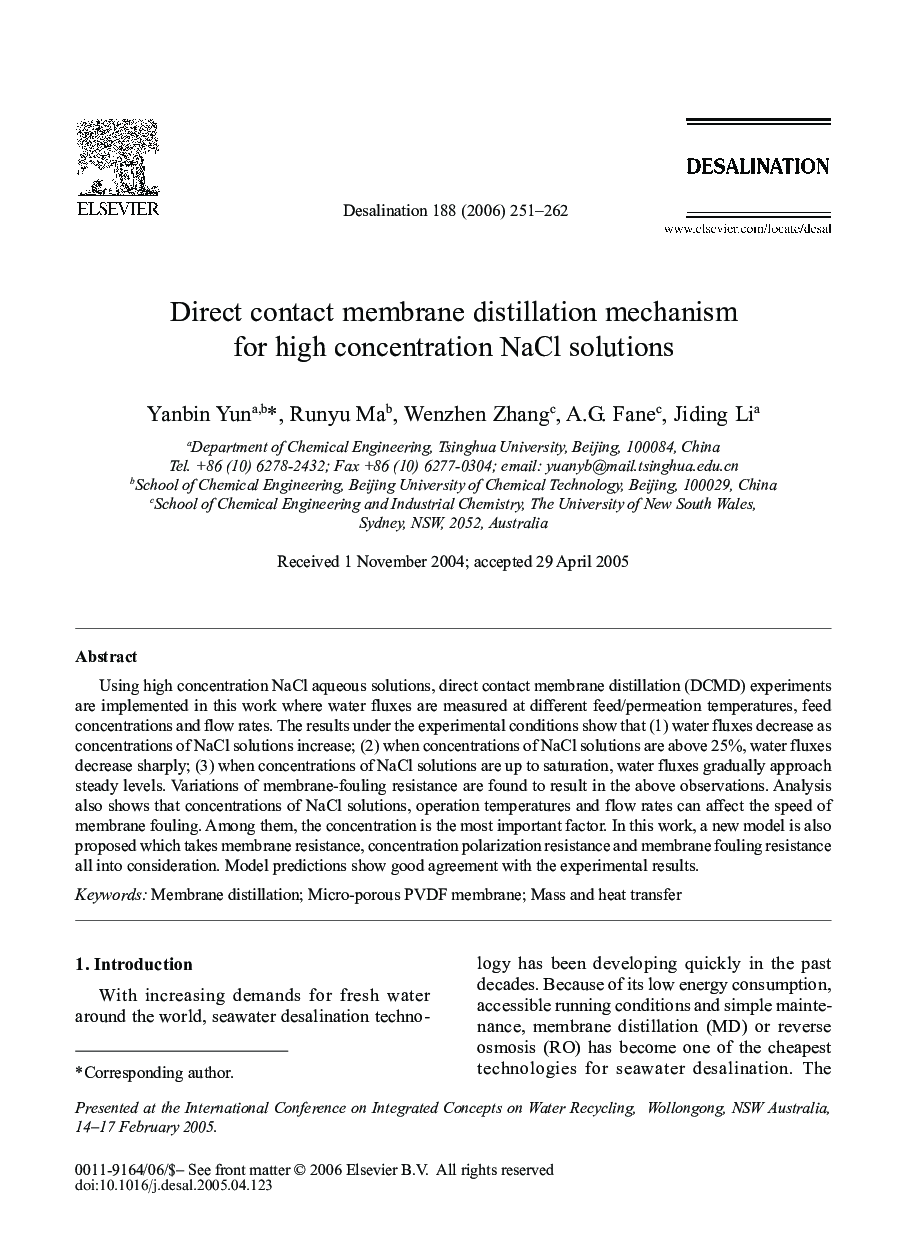 Direct contact membrane distillation mechanism for high concentration NaCl solutions