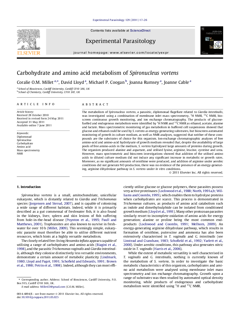 Carbohydrate and amino acid metabolism of Spironucleus vortens