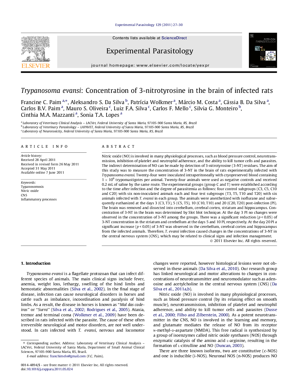 Trypanosoma evansi: Concentration of 3-nitrotyrosine in the brain of infected rats