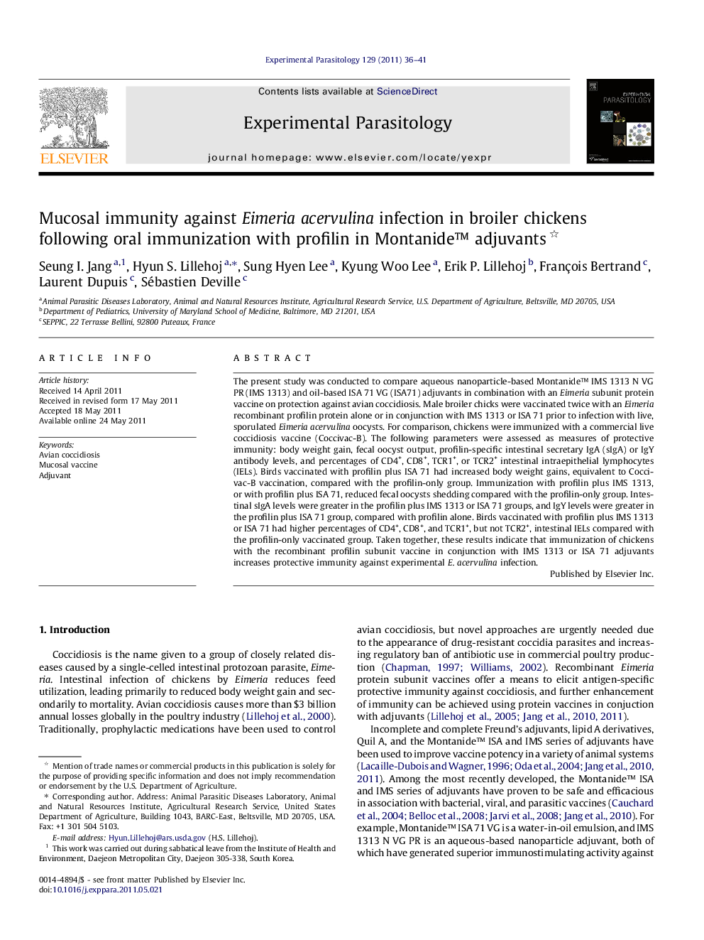 عکس صفحه اول مقاله: Mucosal immunity against Eimeria acervulina infection in broiler chickens following oral immunization with profilin in Montanide⢠adjuvants Mucosal immunity against Eimeria acervulina infection in broiler chickens following oral immunization with profilin in Montanide⢠adjuvants