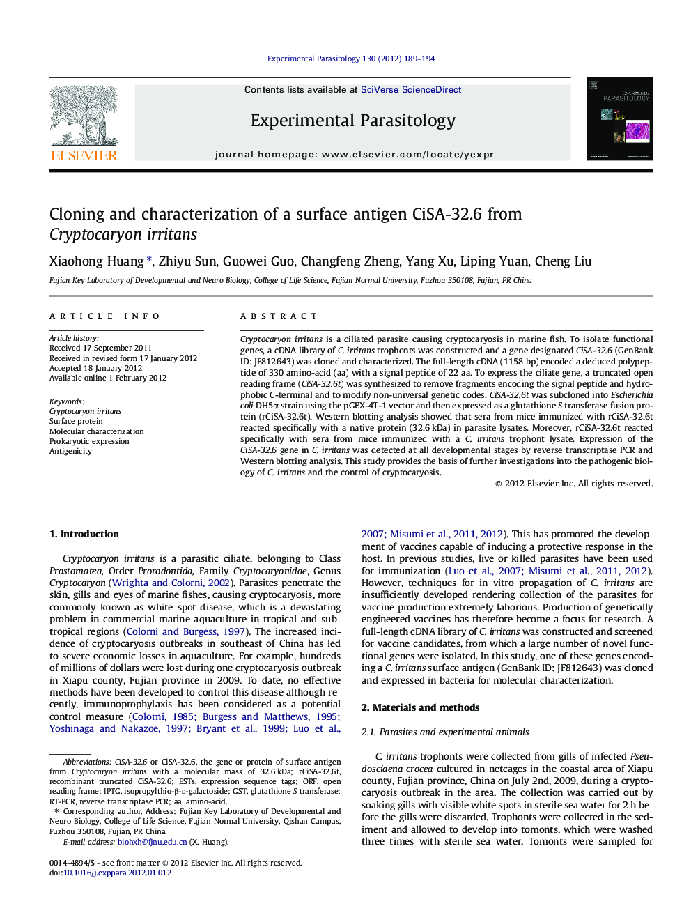 Cloning and characterization of a surface antigen CiSA-32.6 from Cryptocaryon irritans