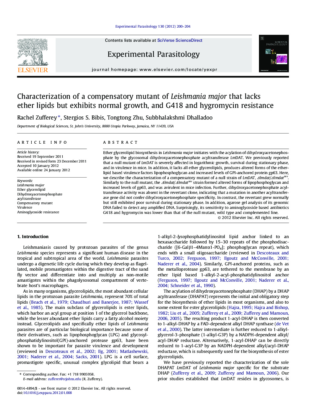 Characterization of a compensatory mutant of Leishmania major that lacks ether lipids but exhibits normal growth, and G418 and hygromycin resistance