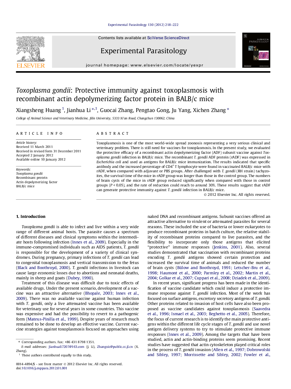 Toxoplasma gondii: Protective immunity against toxoplasmosis with recombinant actin depolymerizing factor protein in BALB/c mice