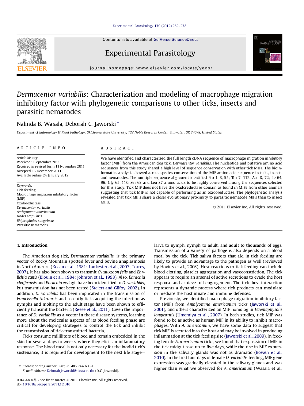 Dermacentor variabilis: Characterization and modeling of macrophage migration inhibitory factor with phylogenetic comparisons to other ticks, insects and parasitic nematodes