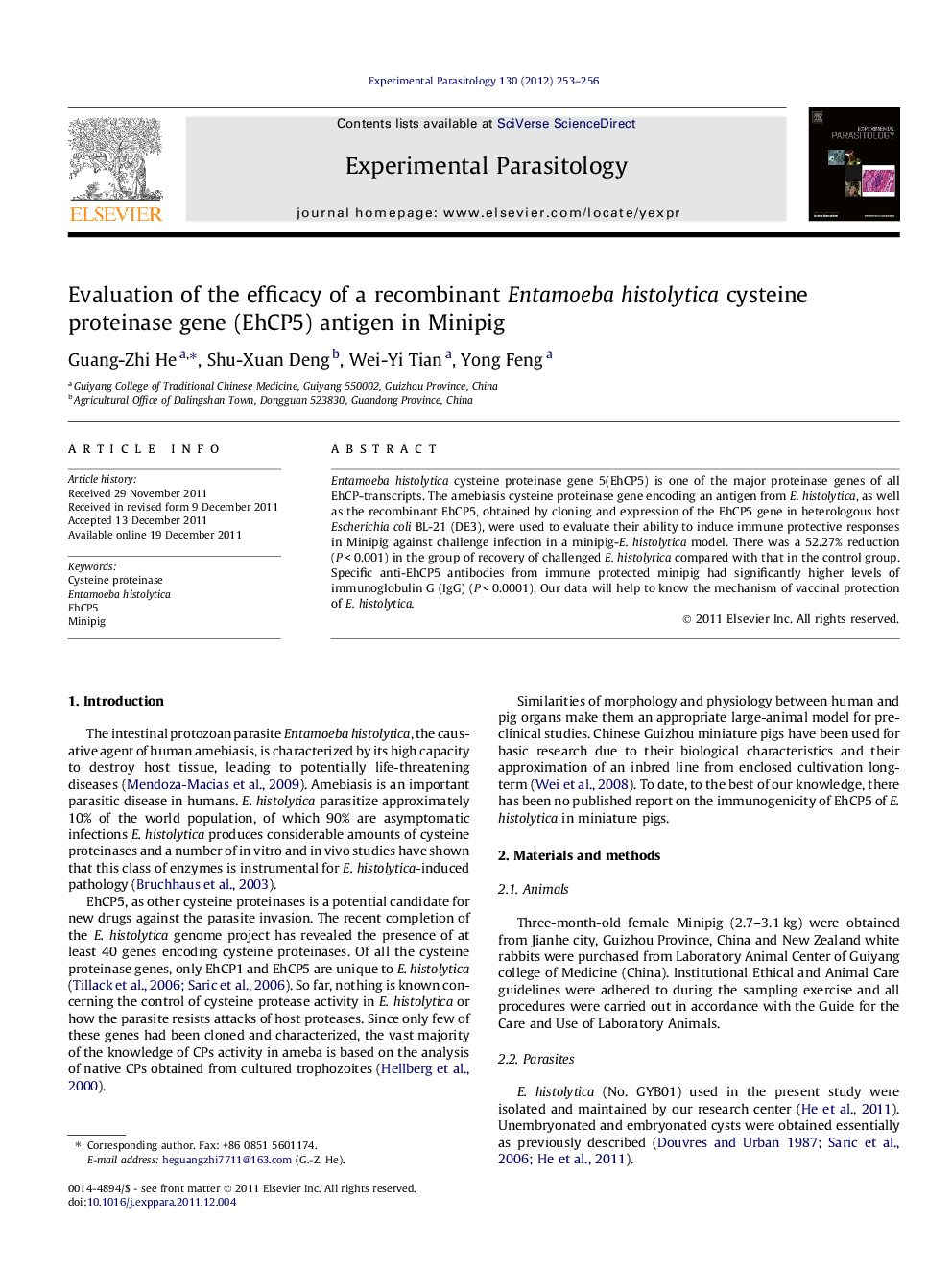 RETRACTED: Evaluation of the efficacy of a recombinant Entamoeba histolytica cysteine proteinase gene (EhCP5) antigen in Minipig