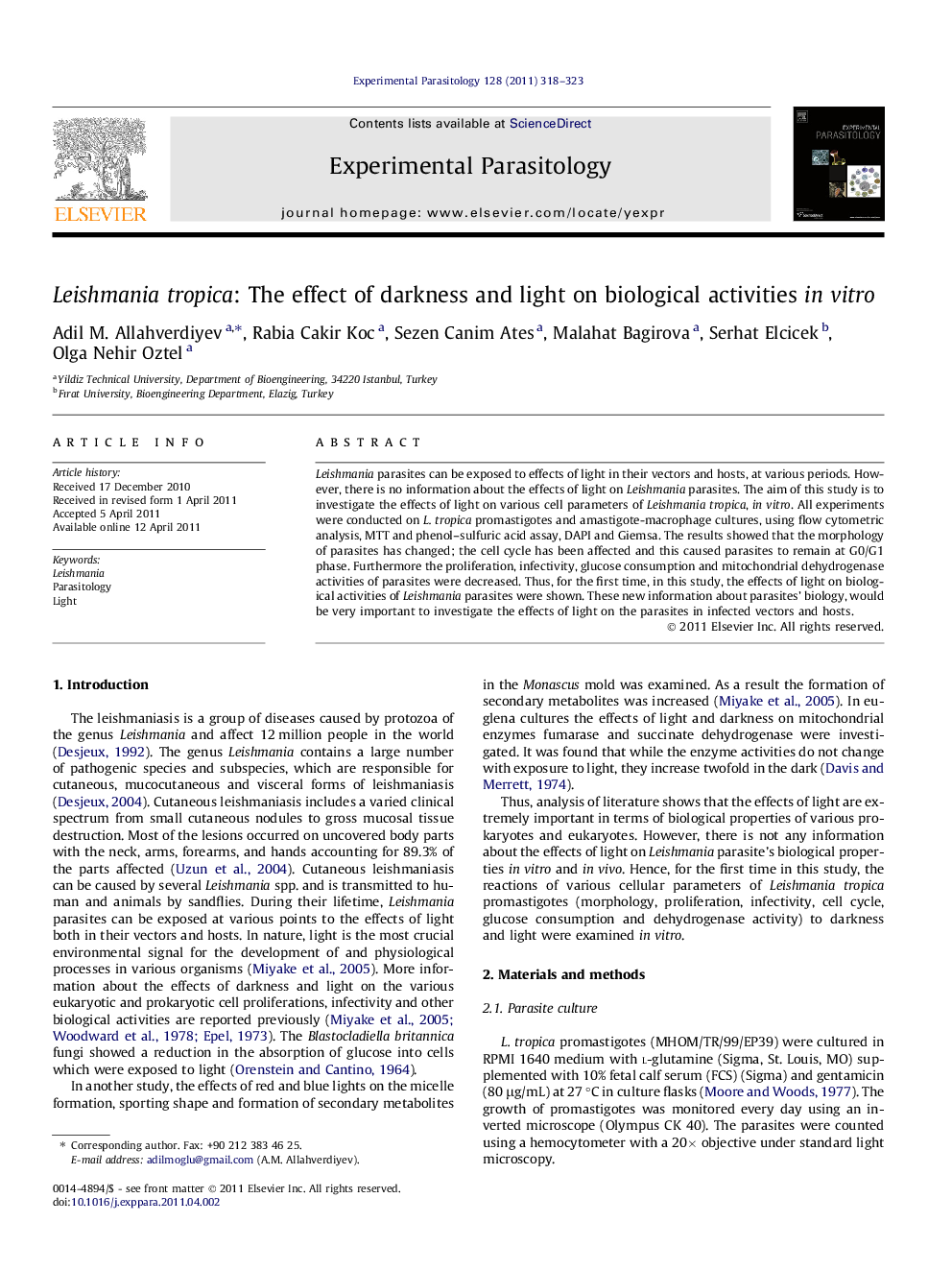 Leishmania tropica: The effect of darkness and light on biological activities in vitro