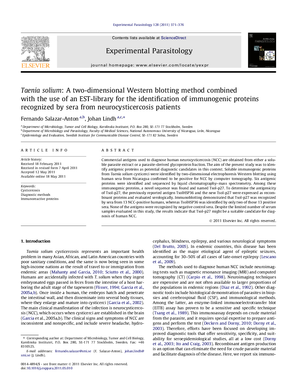 Taenia solium: A two-dimensional Western blotting method combined with the use of an EST-library for the identification of immunogenic proteins recognized by sera from neurocysticercosis patients