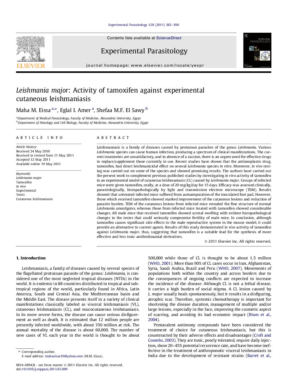 Leishmania major: Activity of tamoxifen against experimental cutaneous leishmaniasis