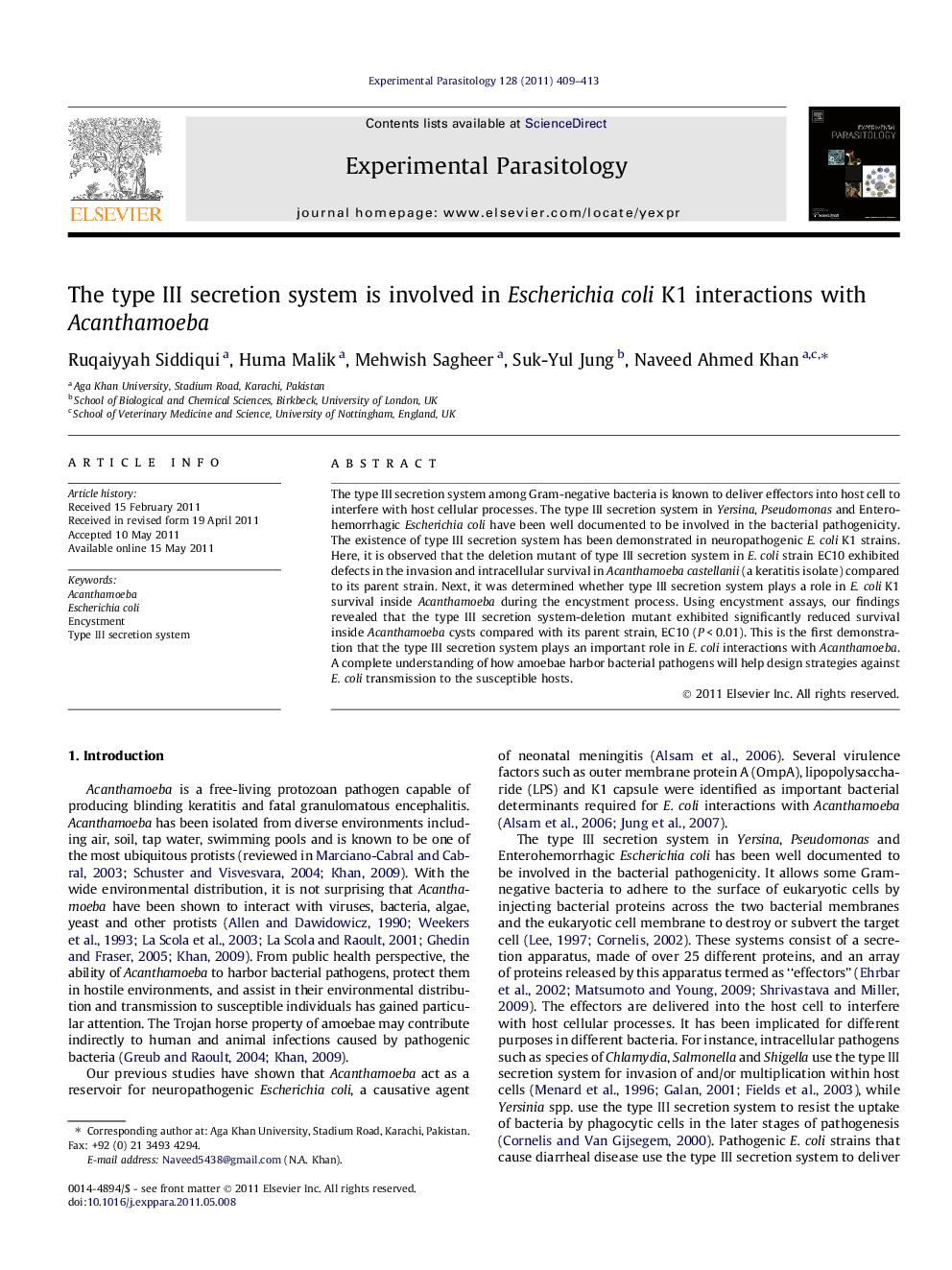 The type III secretion system is involved in Escherichia coli K1 interactions with Acanthamoeba