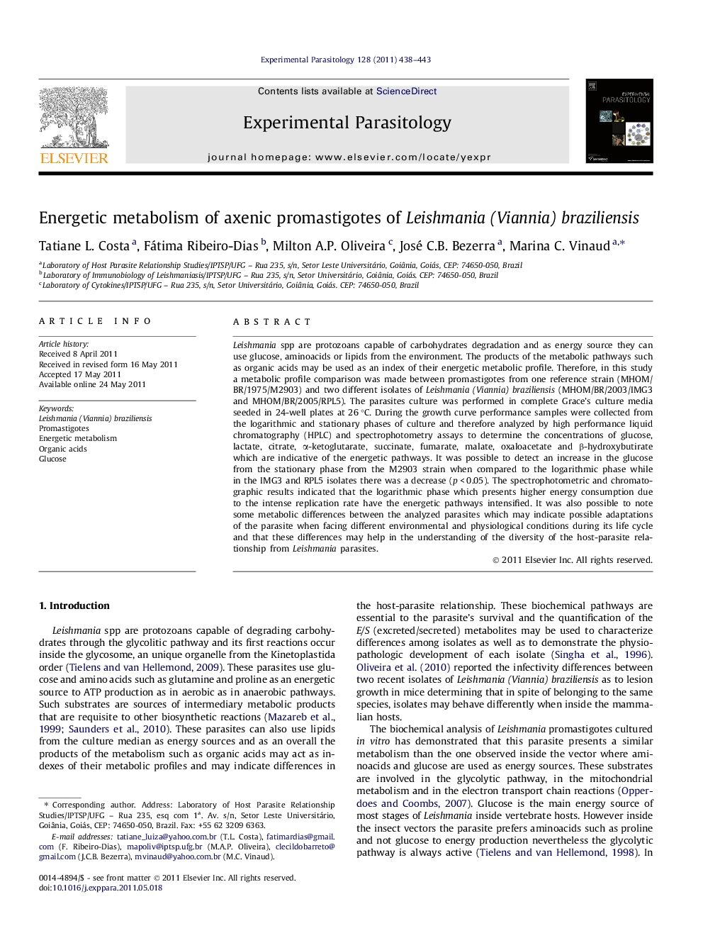 Energetic metabolism of axenic promastigotes of Leishmania (Viannia) braziliensis