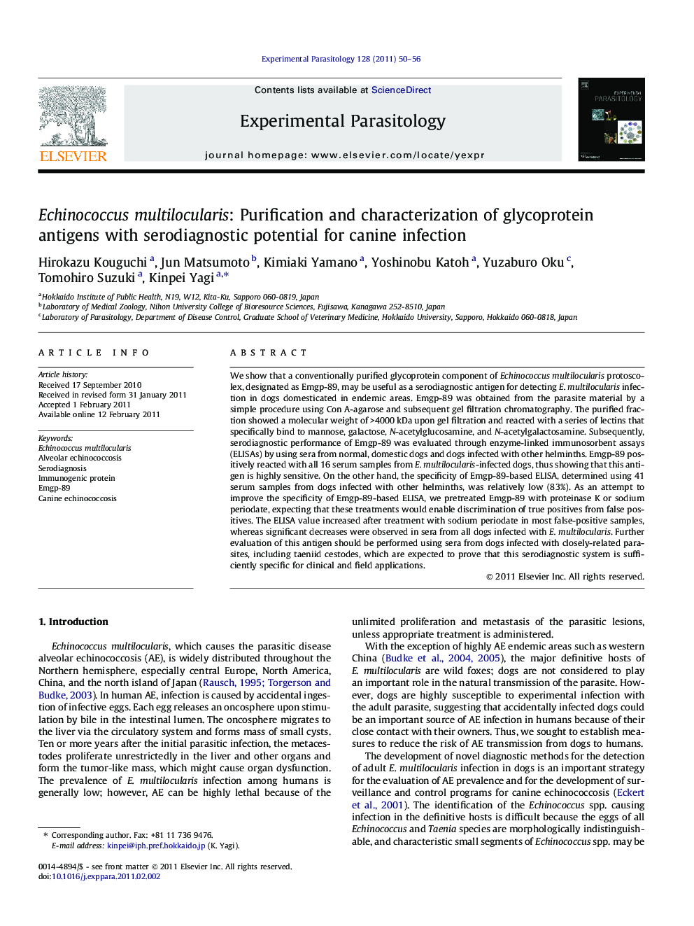 Echinococcus multilocularis: Purification and characterization of glycoprotein antigens with serodiagnostic potential for canine infection