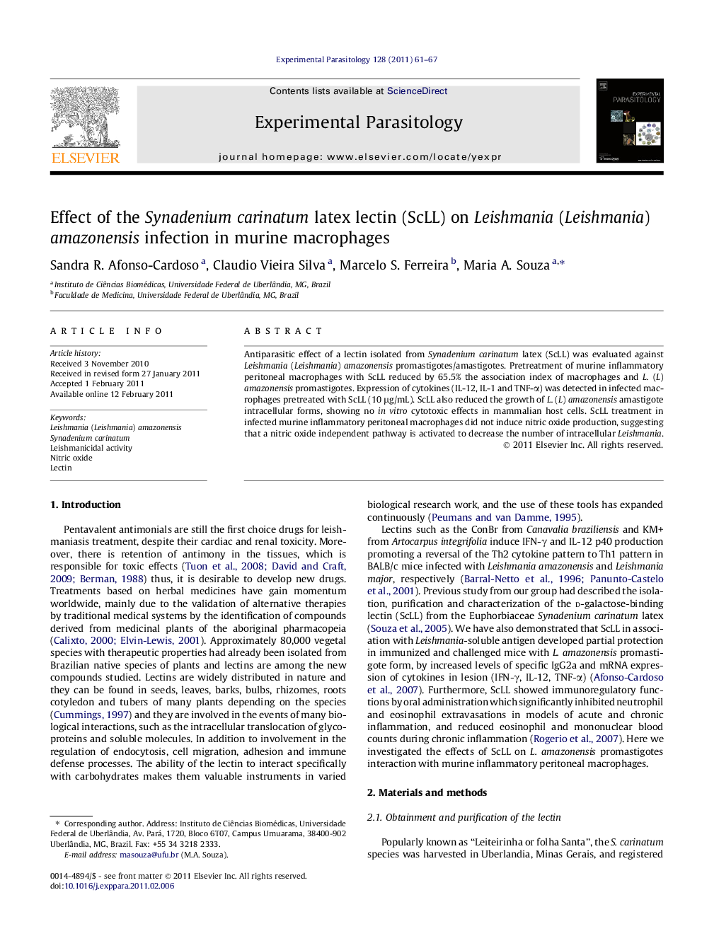 Effect of the Synadenium carinatum latex lectin (ScLL) on Leishmania (Leishmania) amazonensis infection in murine macrophages