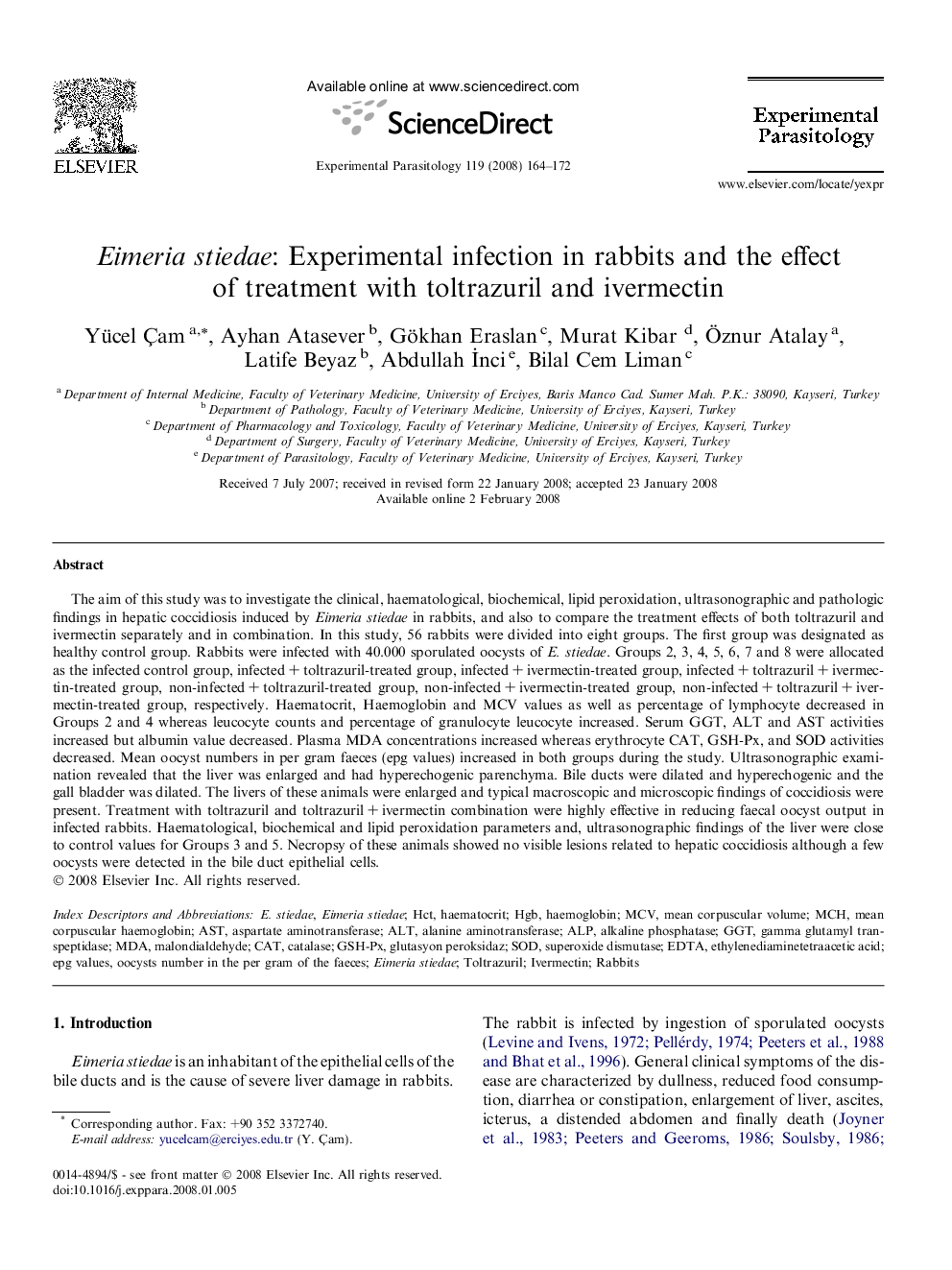 Eimeria stiedae: Experimental infection in rabbits and the effect of treatment with toltrazuril and ivermectin