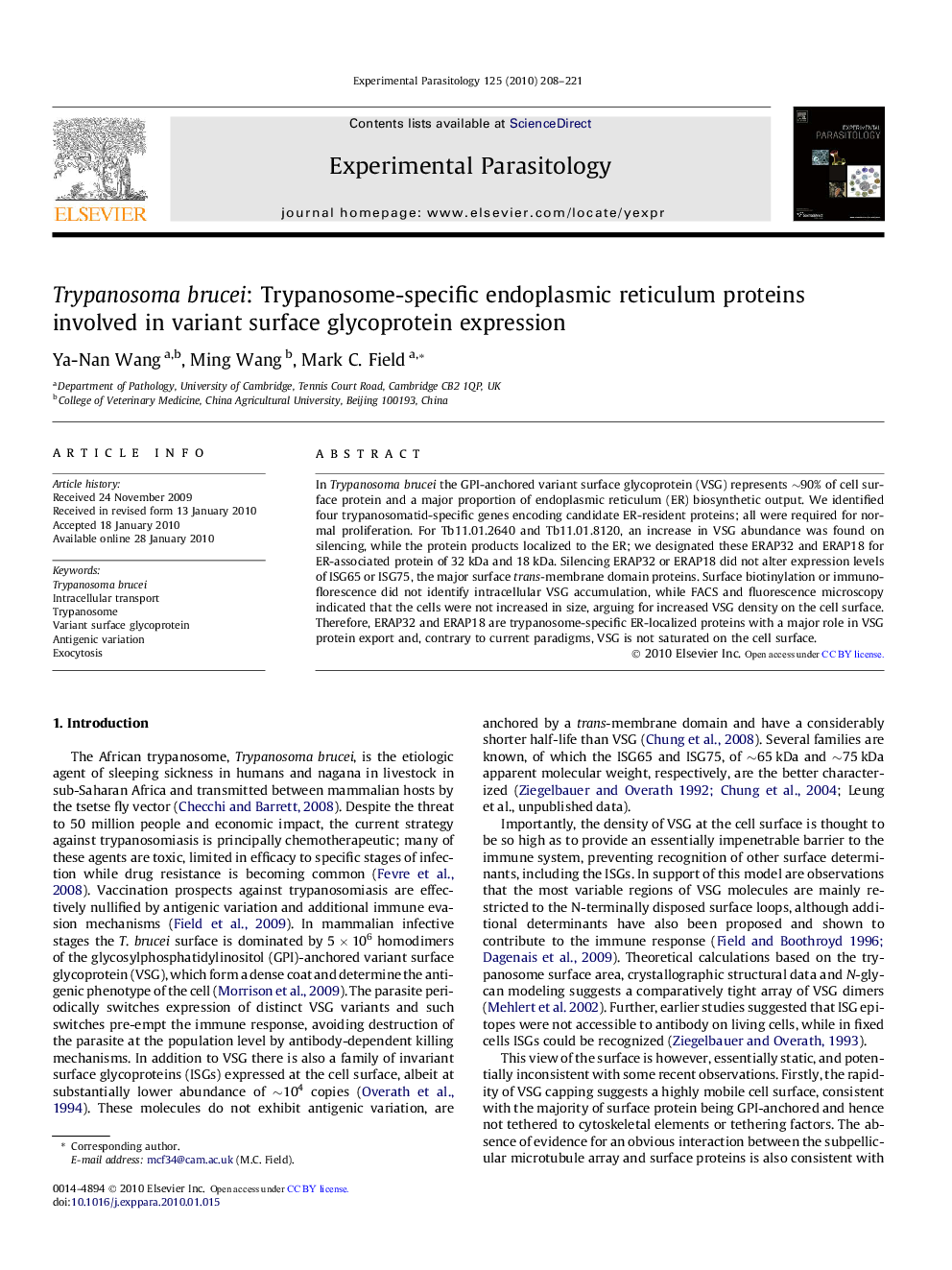 Trypanosoma brucei: Trypanosome-specific endoplasmic reticulum proteins involved in variant surface glycoprotein expression