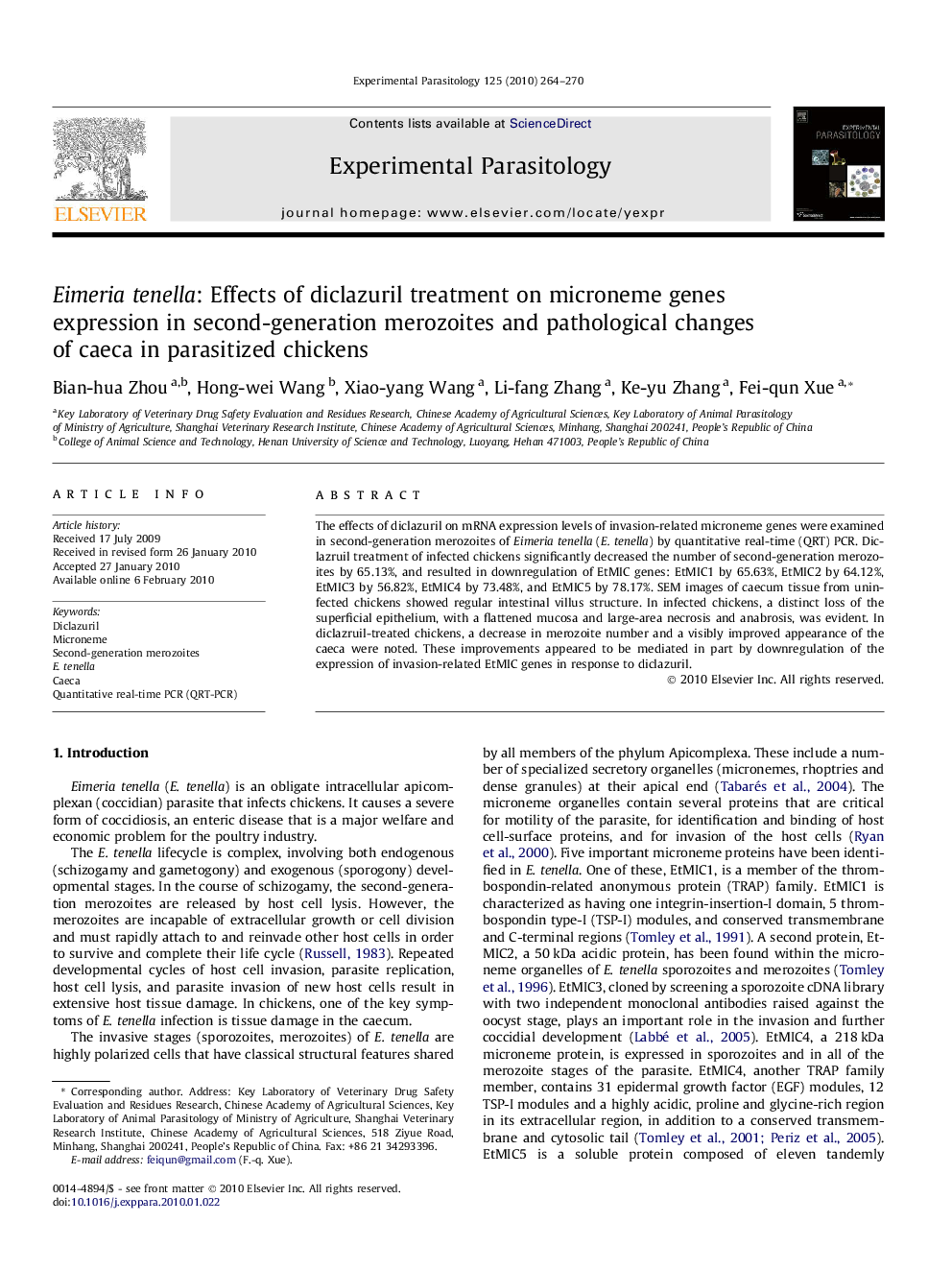 Eimeria tenella: Effects of diclazuril treatment on microneme genes expression in second-generation merozoites and pathological changes of caeca in parasitized chickens