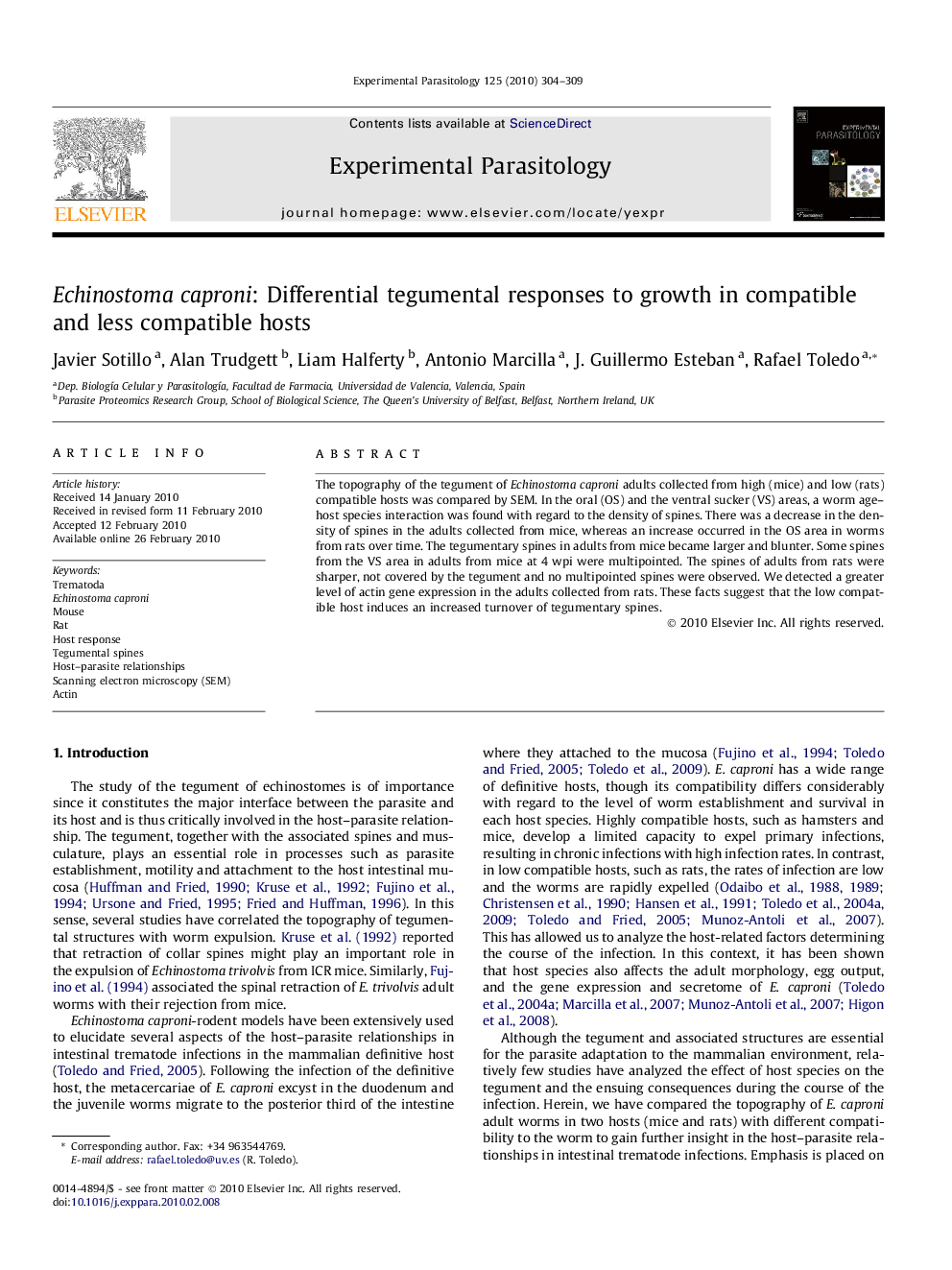 Echinostoma caproni: Differential tegumental responses to growth in compatible and less compatible hosts