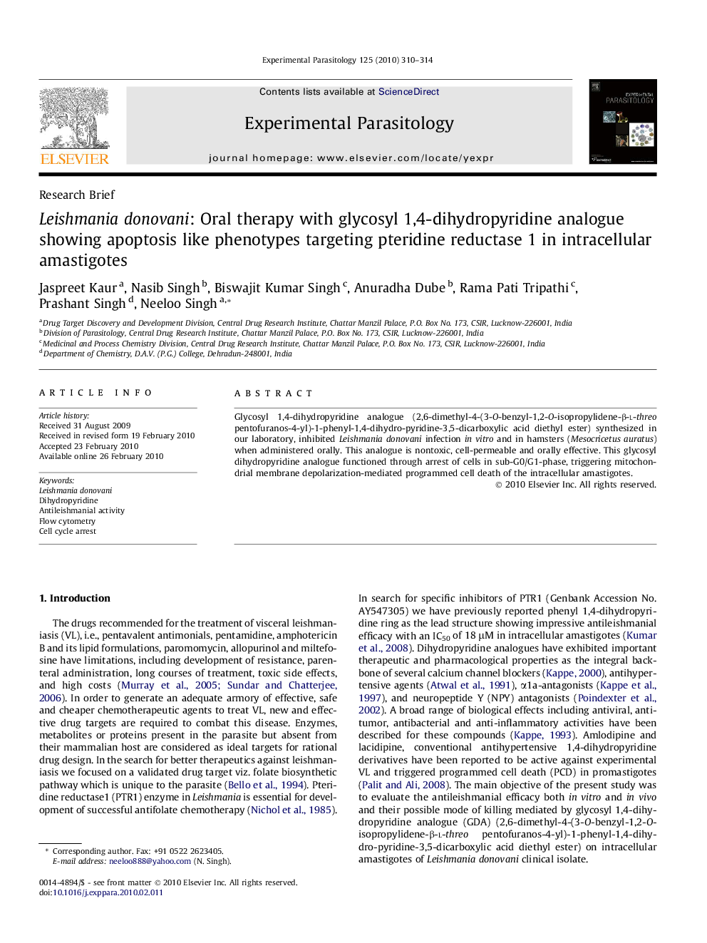 Leishmania donovani: Oral therapy with glycosyl 1,4-dihydropyridine analogue showing apoptosis like phenotypes targeting pteridine reductase 1 in intracellular amastigotes