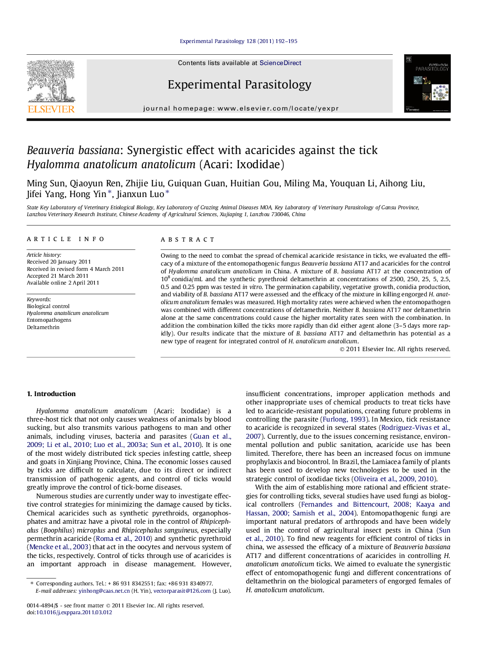 Beauveria bassiana: Synergistic effect with acaricides against the tick Hyalomma anatolicum anatolicum (Acari: Ixodidae)