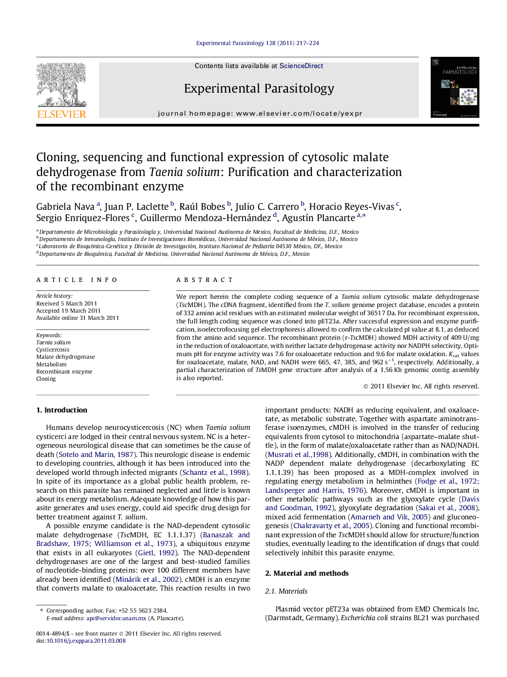 Cloning, sequencing and functional expression of cytosolic malate dehydrogenase from Taenia solium: Purification and characterization of the recombinant enzyme