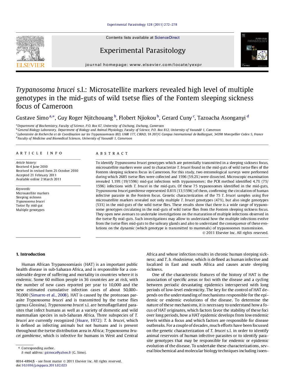 Trypanosoma brucei s.l.: Microsatellite markers revealed high level of multiple genotypes in the mid-guts of wild tsetse flies of the Fontem sleeping sickness focus of Cameroon