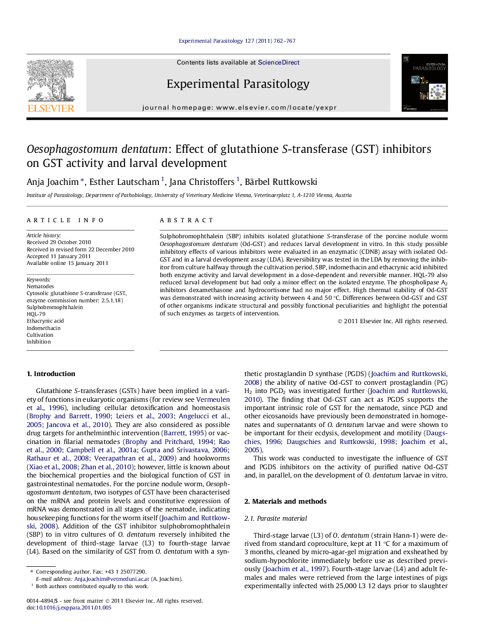 Oesophagostomum dentatum: Effect of glutathione S-transferase (GST) inhibitors on GST activity and larval development