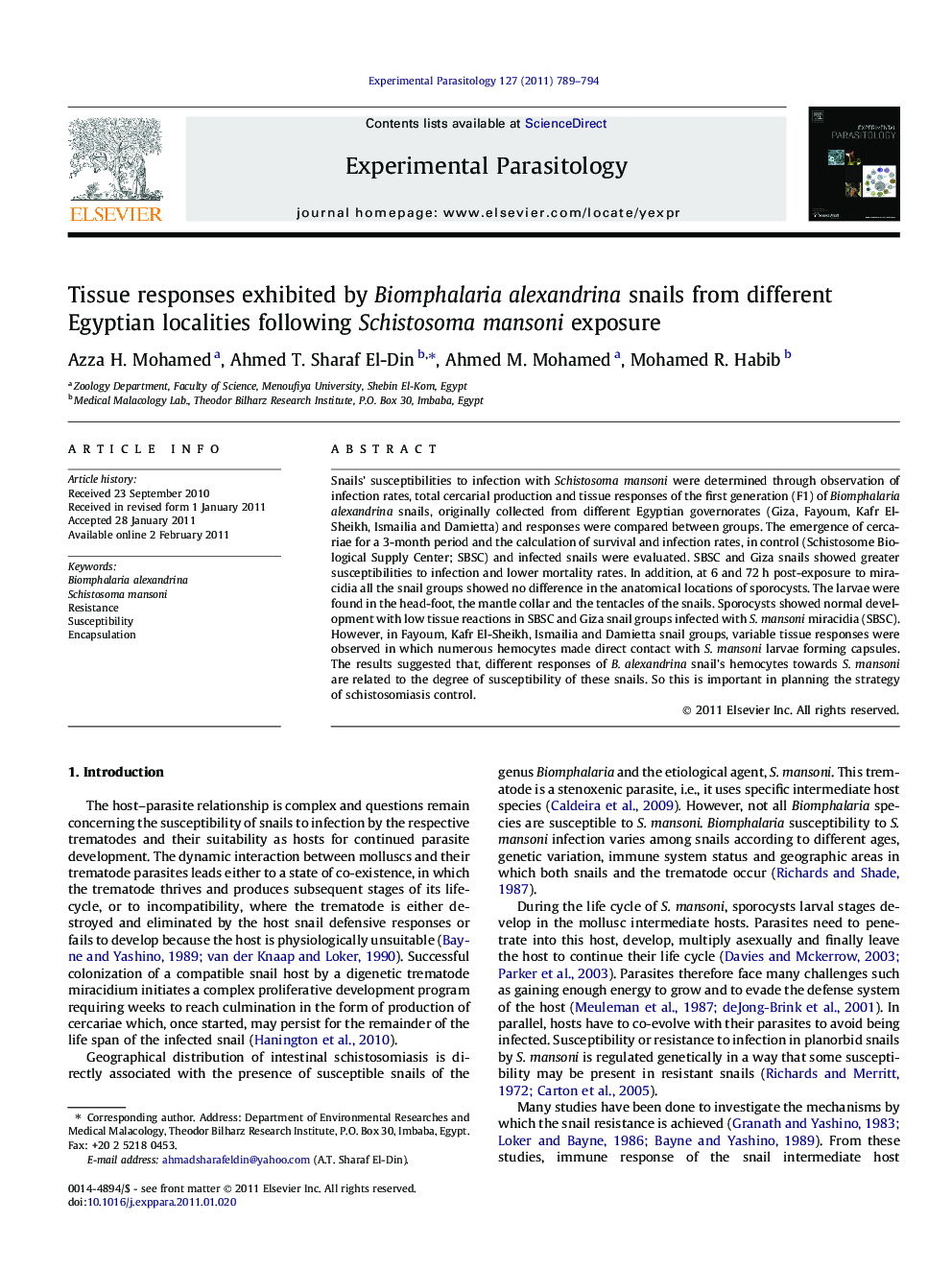 Tissue responses exhibited by Biomphalaria alexandrina snails from different Egyptian localities following Schistosoma mansoni exposure