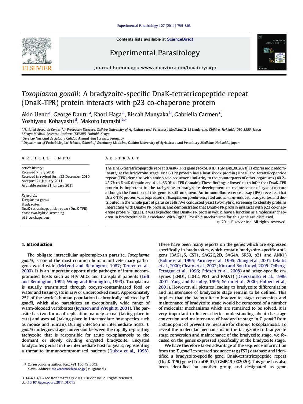 Toxoplasma gondii: A bradyzoite-specific DnaK-tetratricopeptide repeat (DnaK-TPR) protein interacts with p23 co-chaperone protein