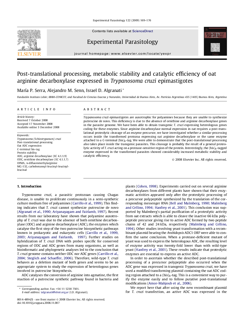 عکس صفحه اول مقاله: Post-translational processing, metabolic stability and catalytic efficiency of oat arginine decarboxylase expressed in Trypanosoma cruzi epimastigotes Post-translational processing, metabolic stability and catalytic efficiency of oat arginine decarboxylase expressed in Trypanosoma cruzi epimastigotes