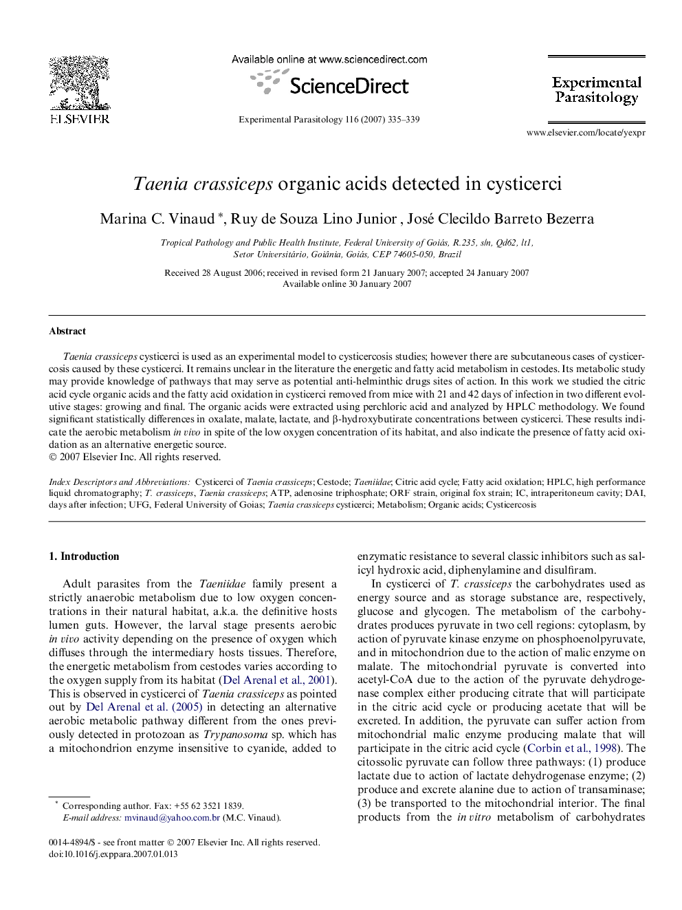 Taenia crassiceps organic acids detected in cysticerci