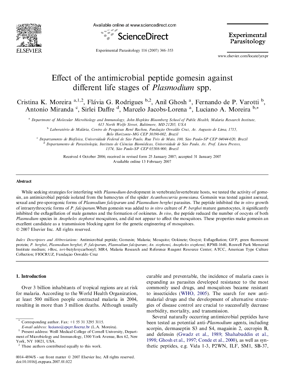 Effect of the antimicrobial peptide gomesin against different life stages of Plasmodium spp.