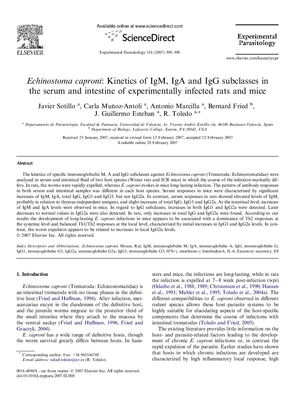 Echinostoma caproni: Kinetics of IgM, IgA and IgG subclasses in the serum and intestine of experimentally infected rats and mice