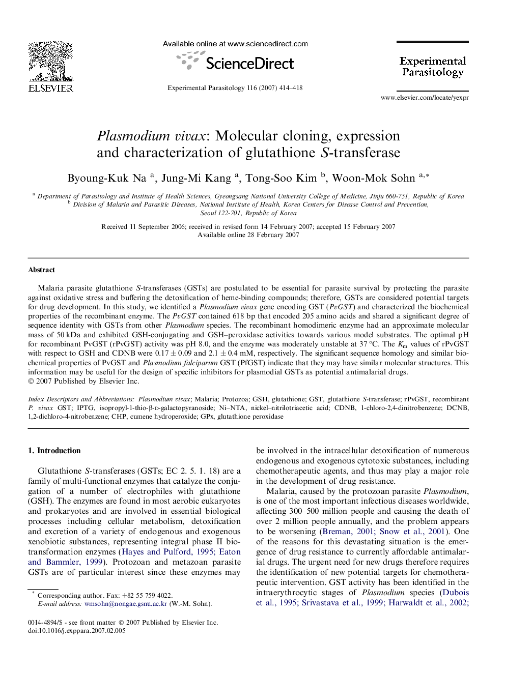 Plasmodium vivax: Molecular cloning, expression and characterization of glutathione S-transferase