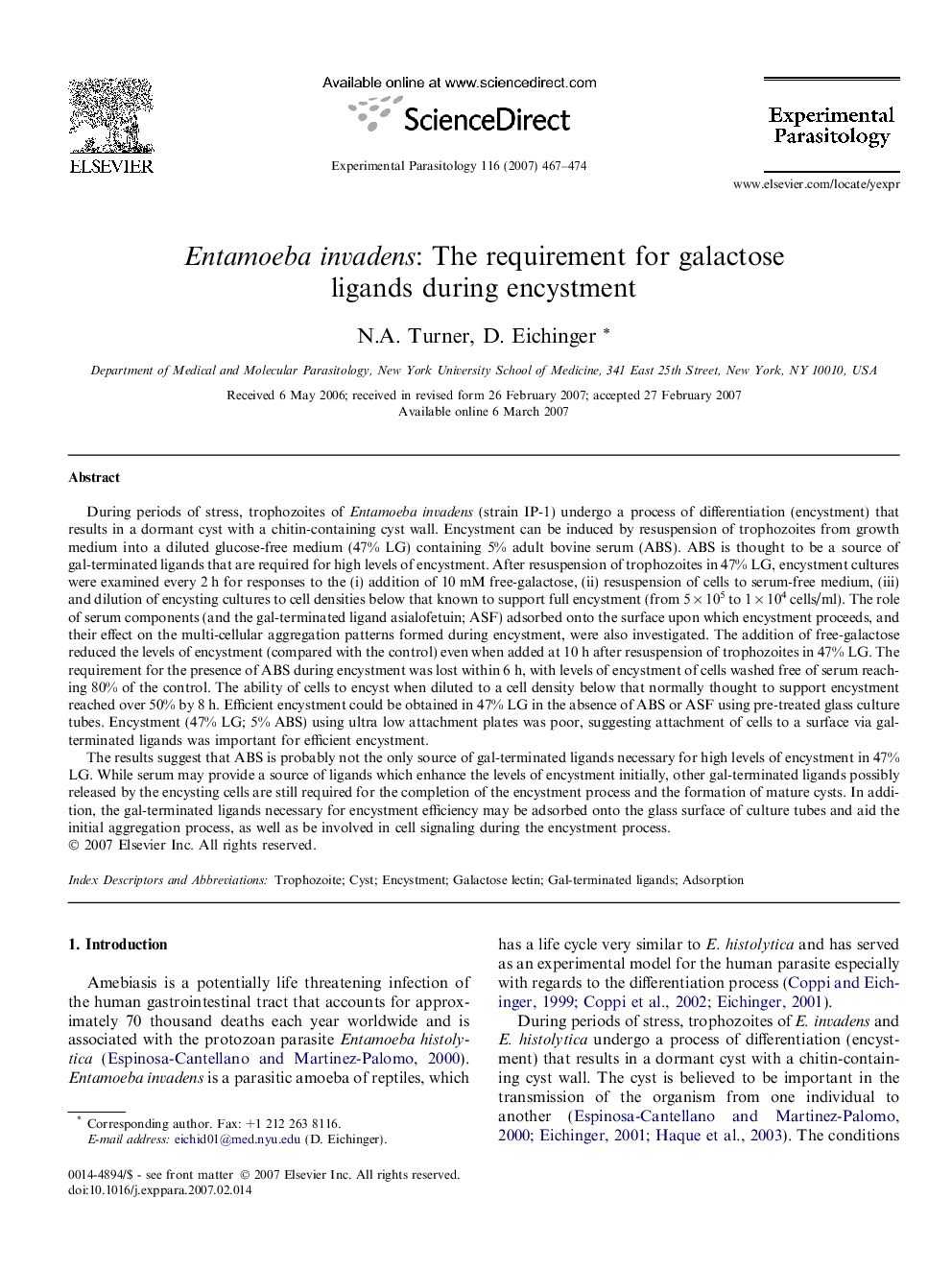 Entamoeba invadens: The requirement for galactose ligands during encystment