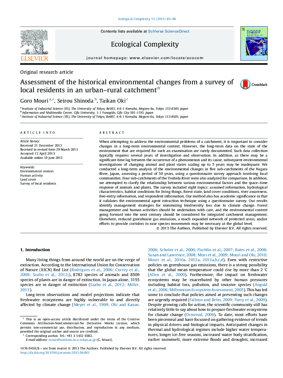 Assessment of the historical environmental changes from a survey of local residents in an urban-rural catchment