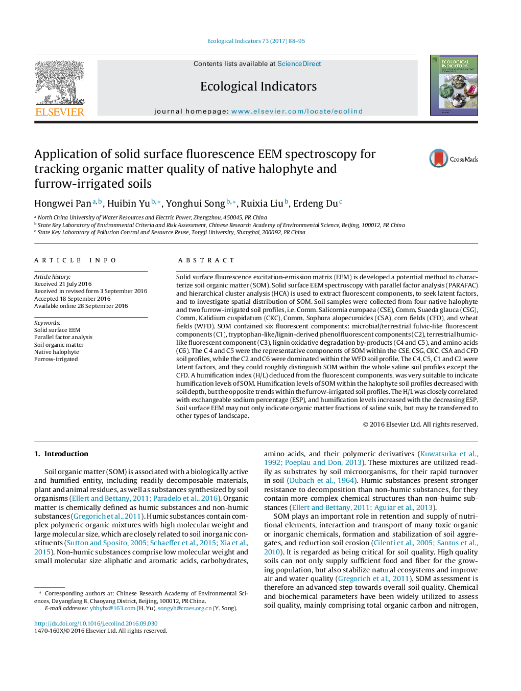 Application of solid surface fluorescence EEM spectroscopy for tracking organic matter quality of native halophyte and furrow-irrigated soils