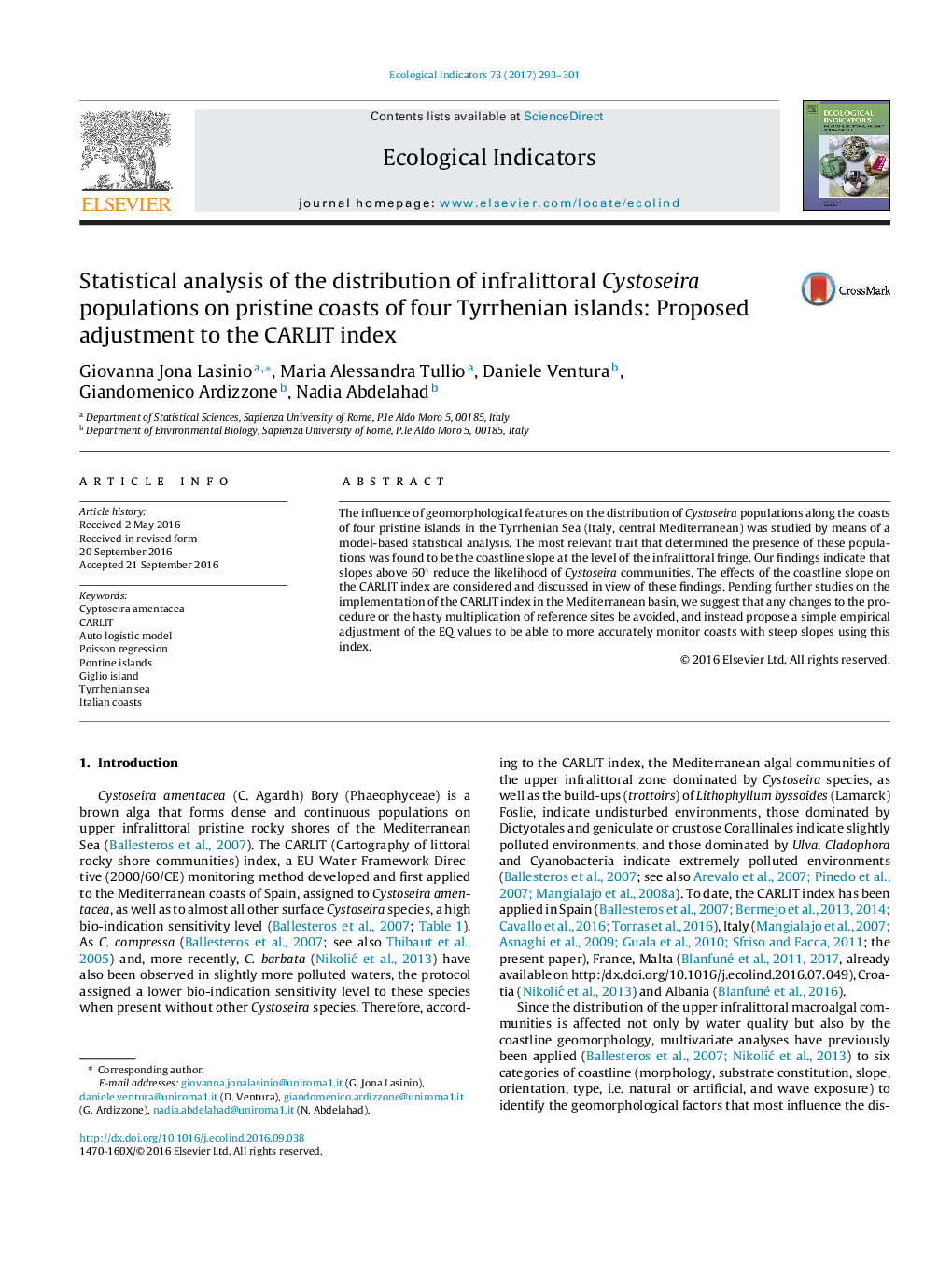 Statistical analysis of the distribution of infralittoral Cystoseira populations on pristine coasts of four Tyrrhenian islands: Proposed adjustment to the CARLIT index