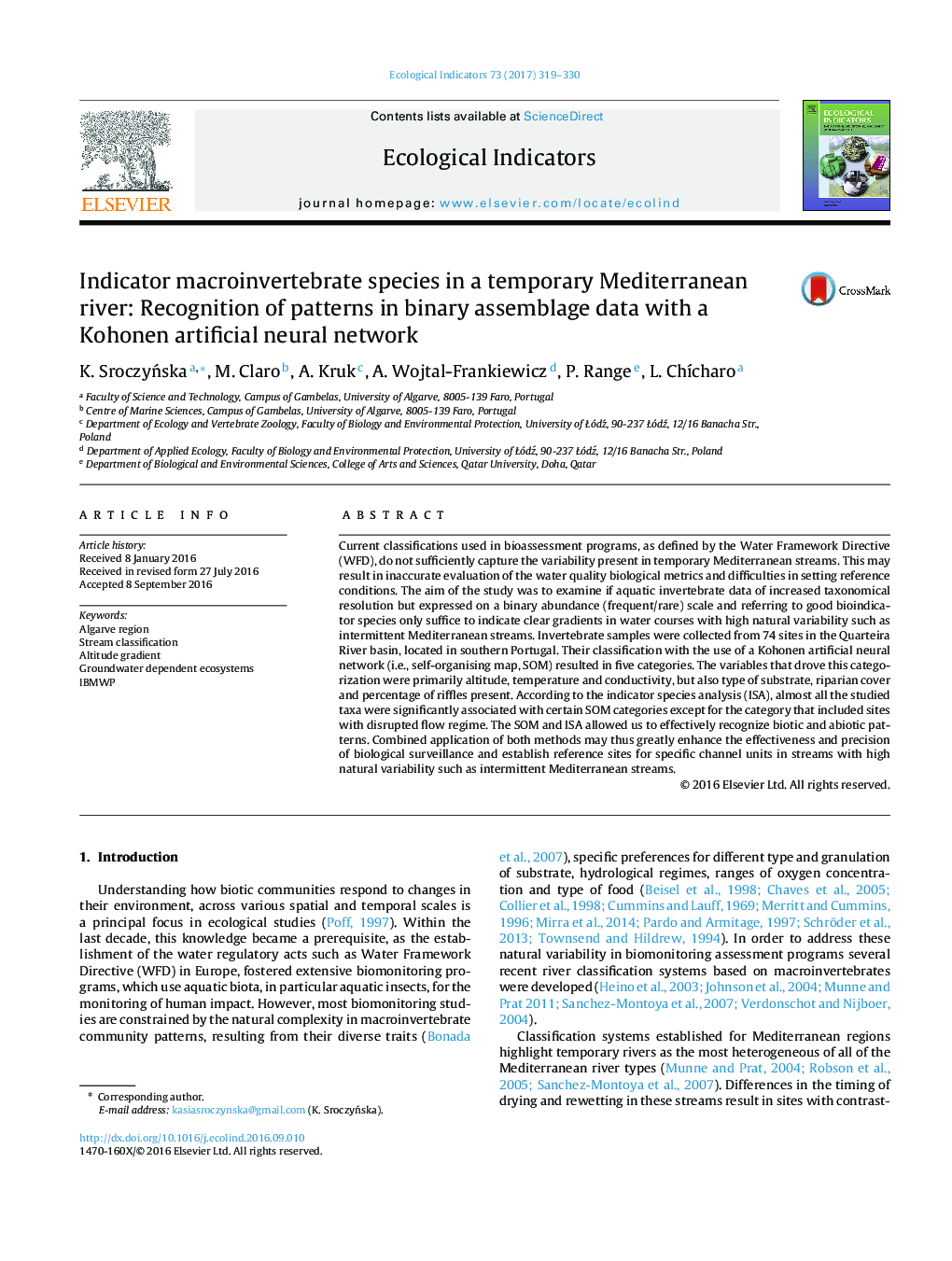 Indicator macroinvertebrate species in a temporary Mediterranean river: Recognition of patterns in binary assemblage data with a Kohonen artificial neural network