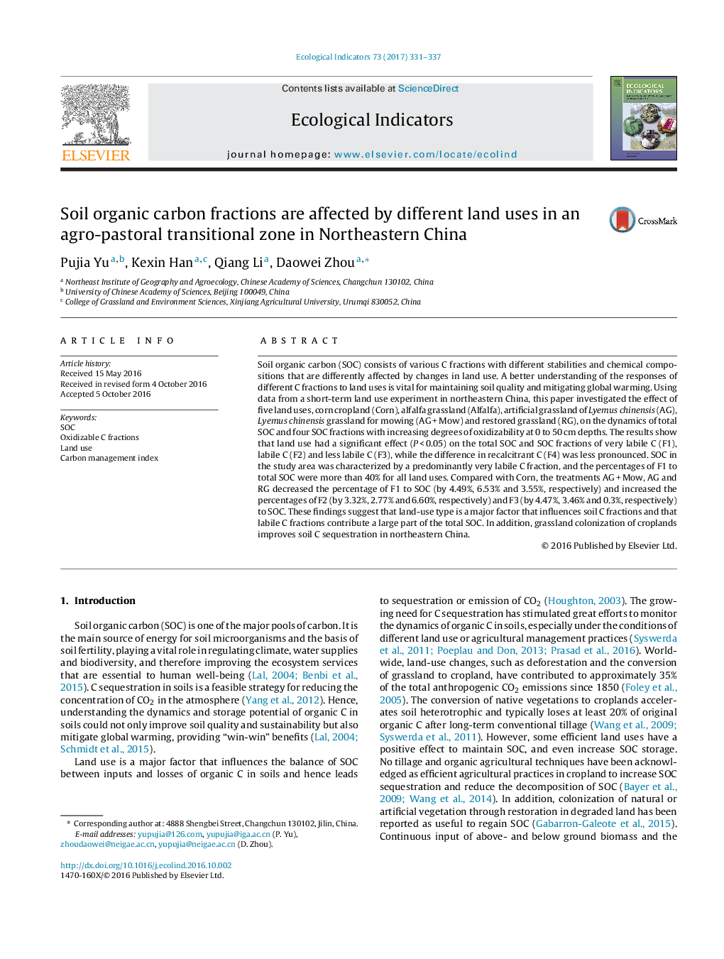 Soil organic carbon fractions are affected by different land uses in an agro-pastoral transitional zone in Northeastern China