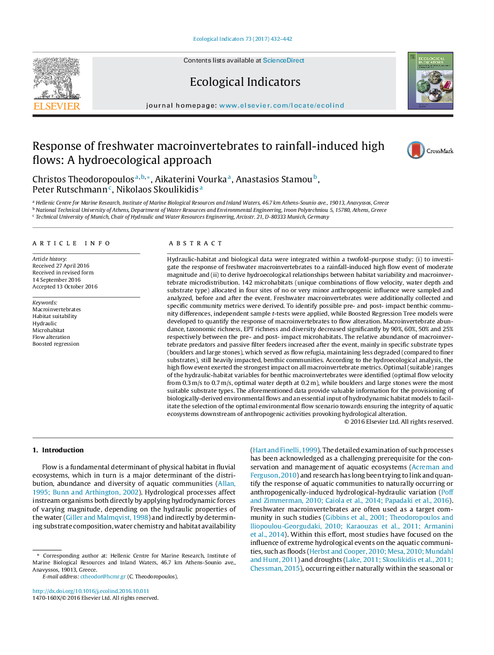 Response of freshwater macroinvertebrates to rainfall-induced high flows: A hydroecological approach