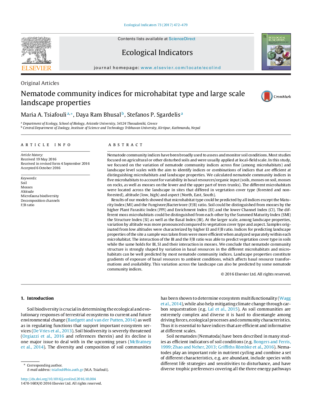 Nematode community indices for microhabitat type and large scale landscape properties