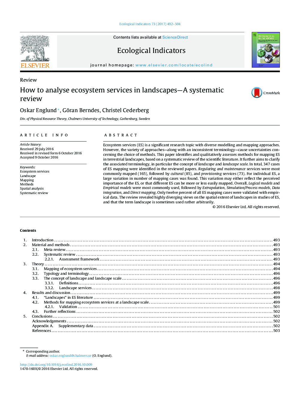 How to analyse ecosystem services in landscapes-A systematic review