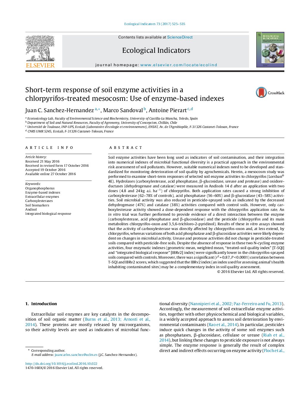 Short-term response of soil enzyme activities in a chlorpyrifos-treated mesocosm: Use of enzyme-based indexes