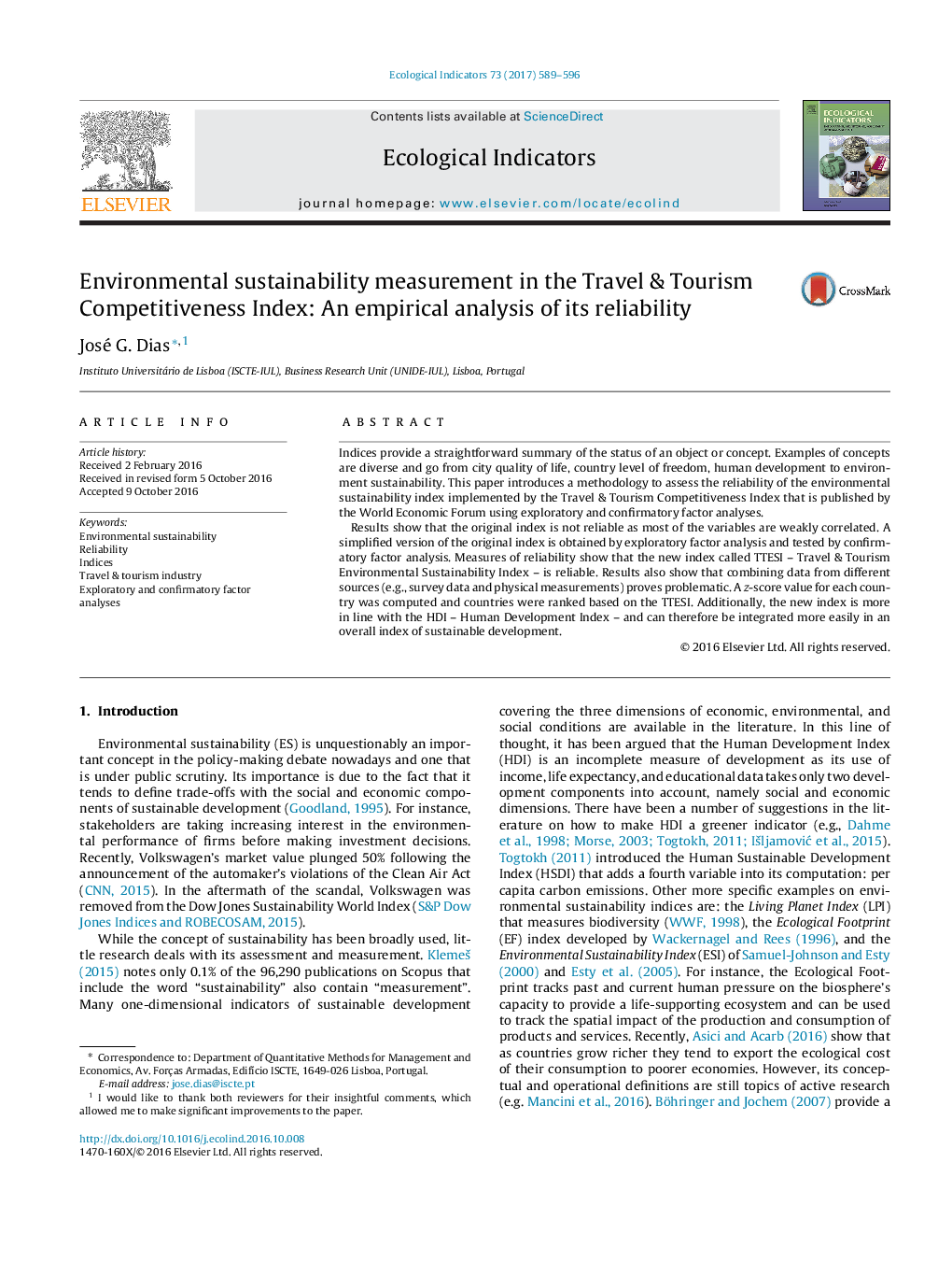 Environmental sustainability measurement in the Travel & Tourism Competitiveness Index: An empirical analysis of its reliability