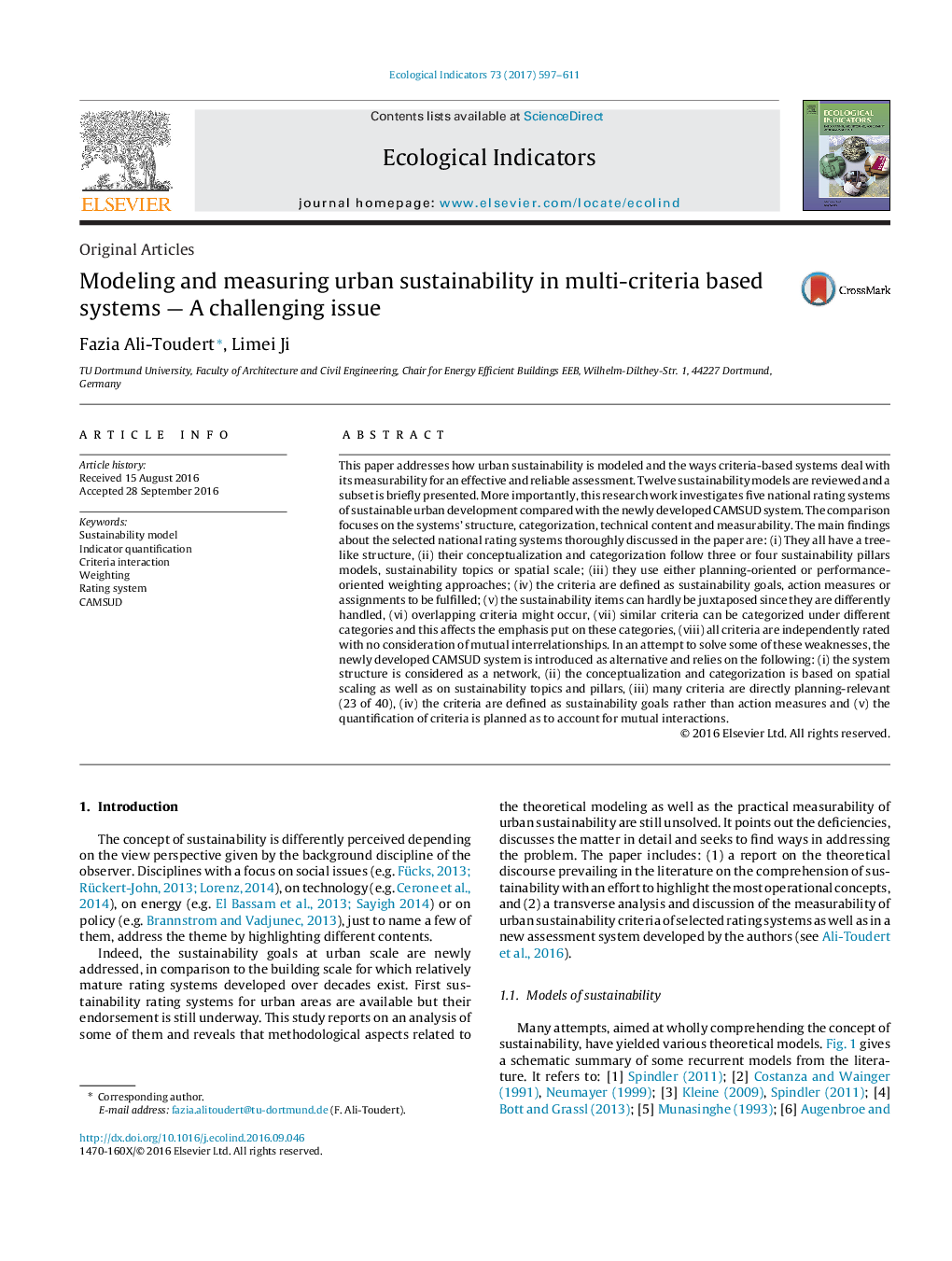 Modeling and measuring urban sustainability in multi-criteria based systems - A challenging issue