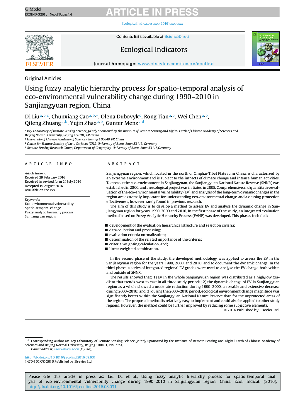 Using fuzzy analytic hierarchy process for spatio-temporal analysis of eco-environmental vulnerability change during 1990-2010 in Sanjiangyuan region, China