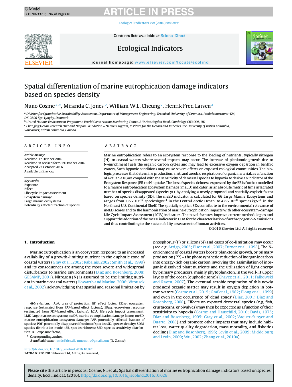 Spatial differentiation of marine eutrophication damage indicators based on species density